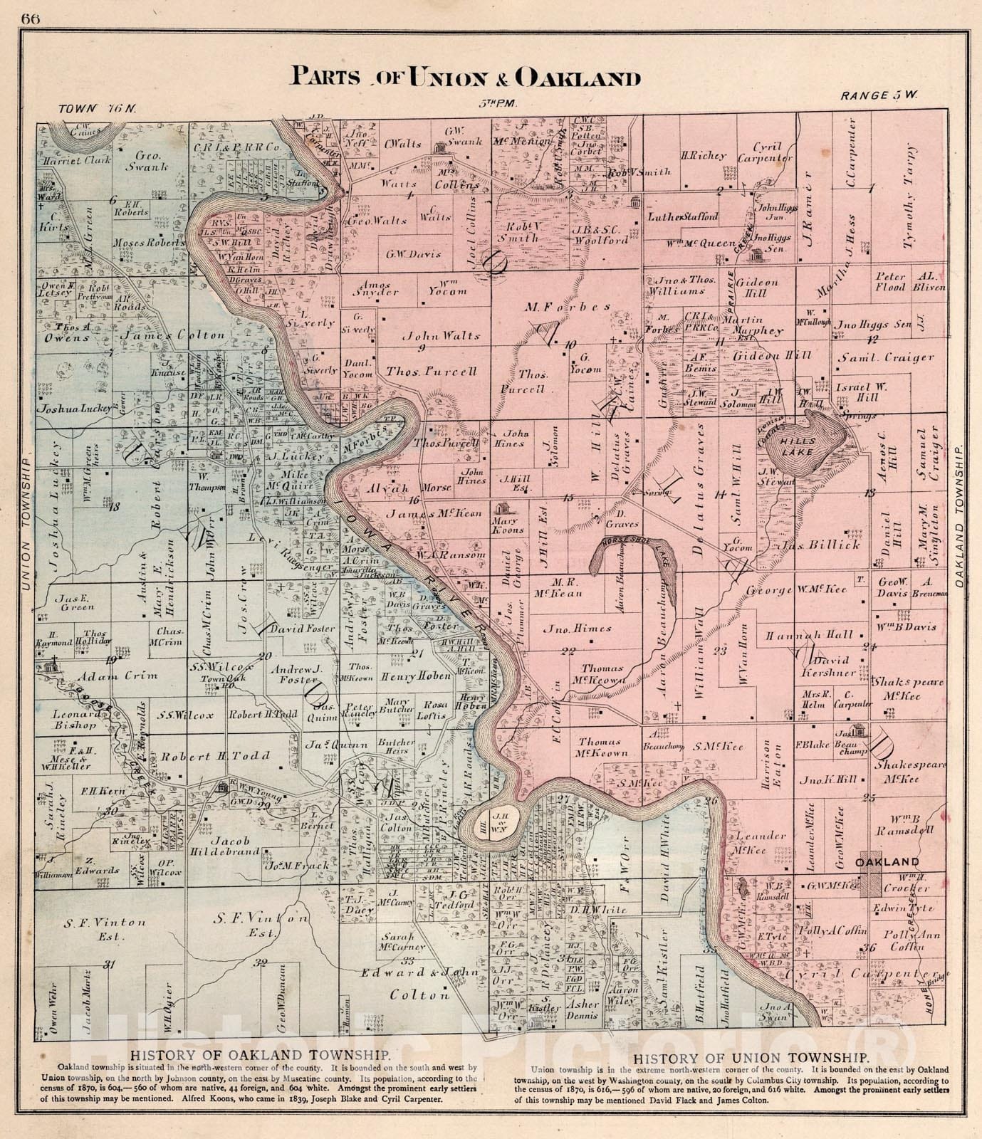 Historic Map : Parts of Union & Oakland, Louisa County, Iowa., 1874, Vintage Wall Art