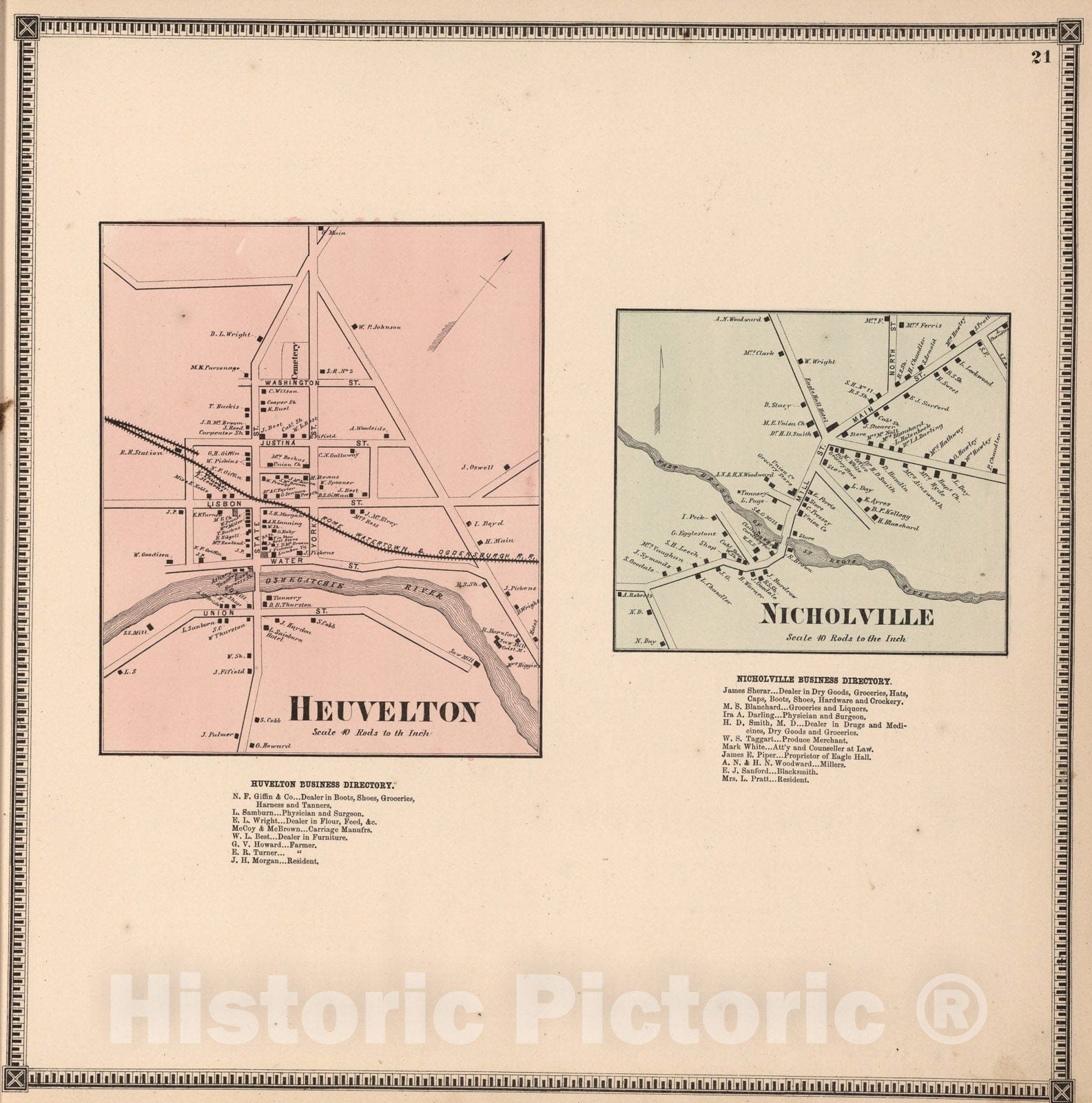 Historic Map : Heuvelton. Nicholville, Saint Lawrence County, New York., 1865, Vintage Wall Art