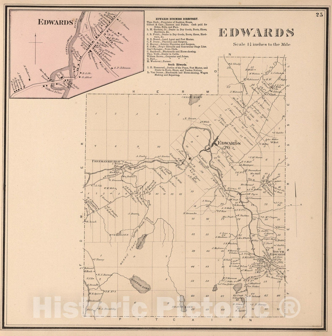 Historic Map : Edwards, Saint Lawrence County, New York., 1865, Vintage Wall Art