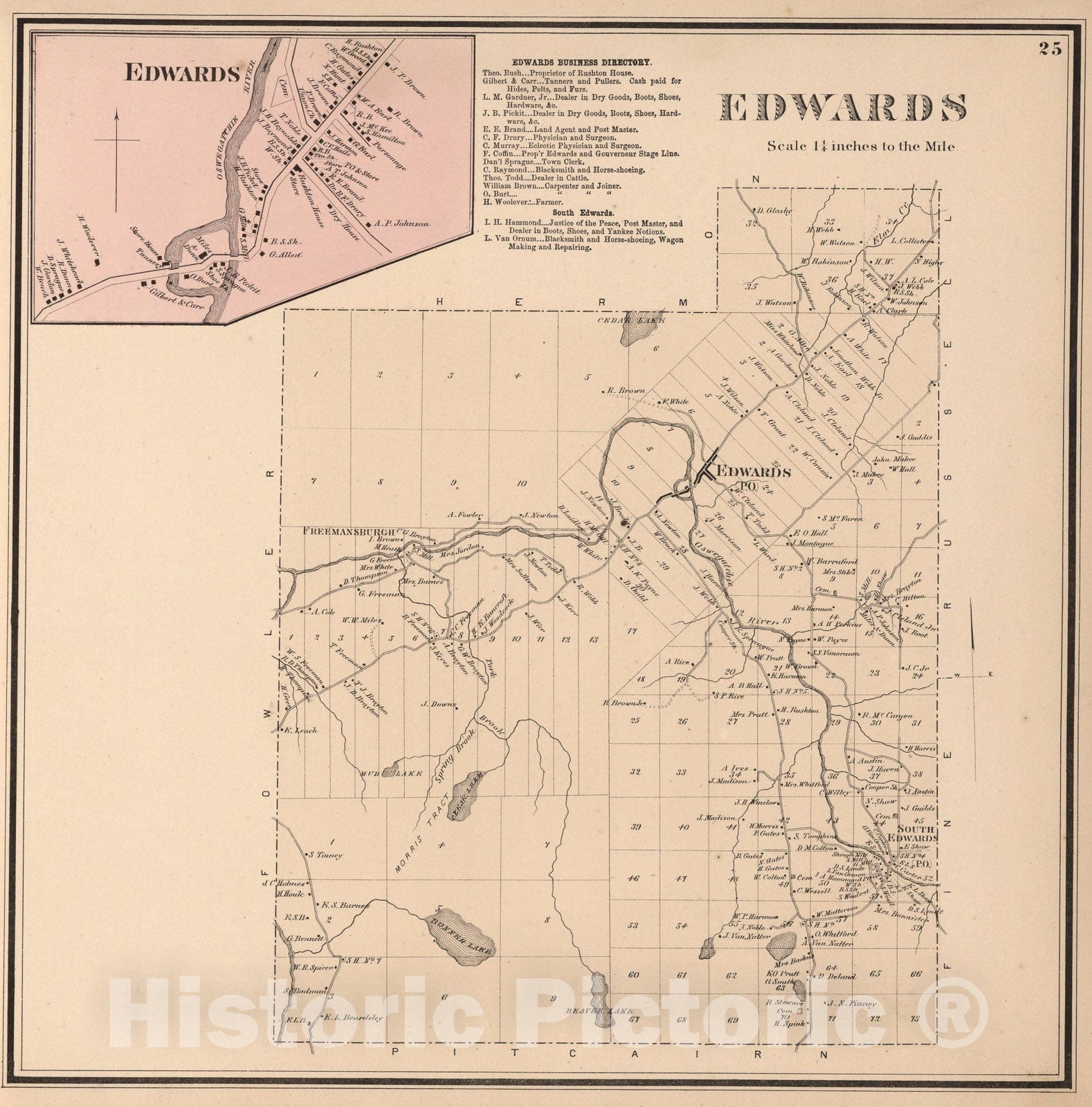 Historic Map : Edwards, Saint Lawrence County, New York., 1865, Vintage Wall Art