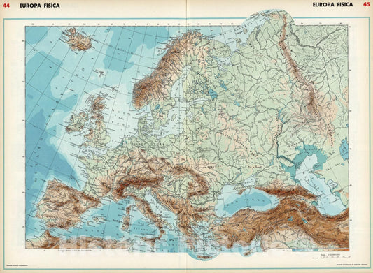 Historic Map : Europa Fisica., 1952, Vintage Wall Art
