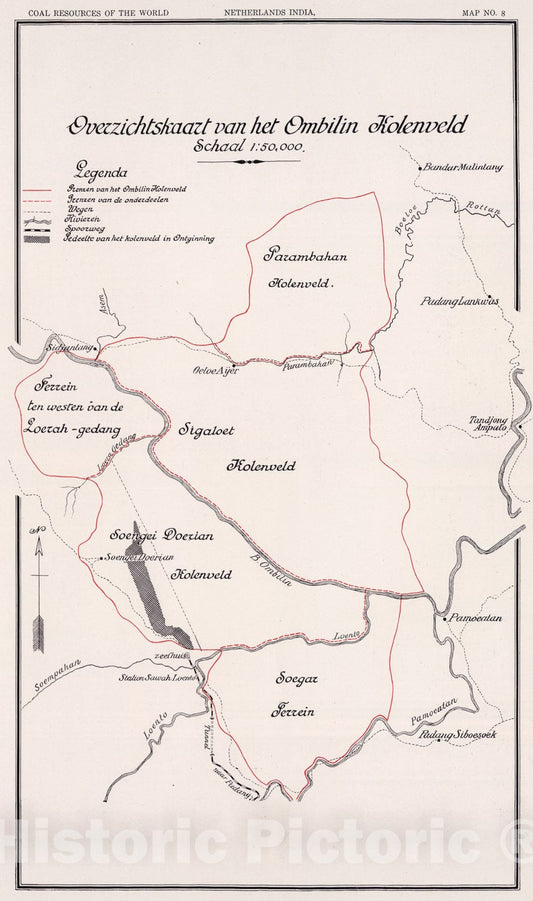Historic Map : Ombilin Kolenveld, Netherlands India. Coal Resources of the World., 1913, Vintage Wall Art