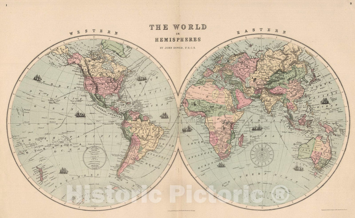 Historic Map : World in Hemispheres., 1873, Vintage Wall Art