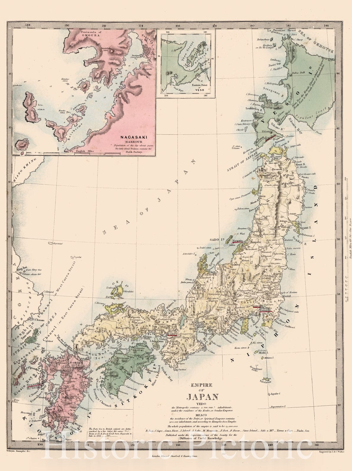 Empire of Japan with Nagasaki Harbour and Yeso - 1865 Historical Map Print