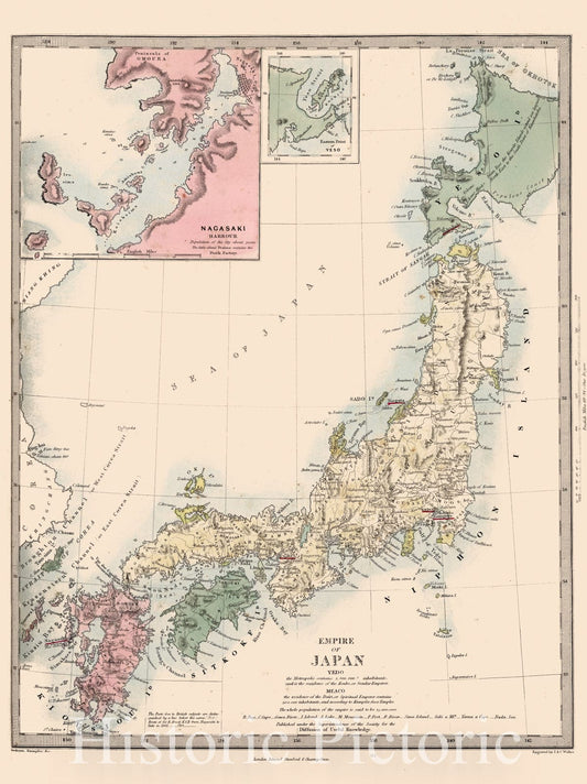 Empire of Japan with Nagasaki Harbour and Yeso - 1865 Historical Map Print