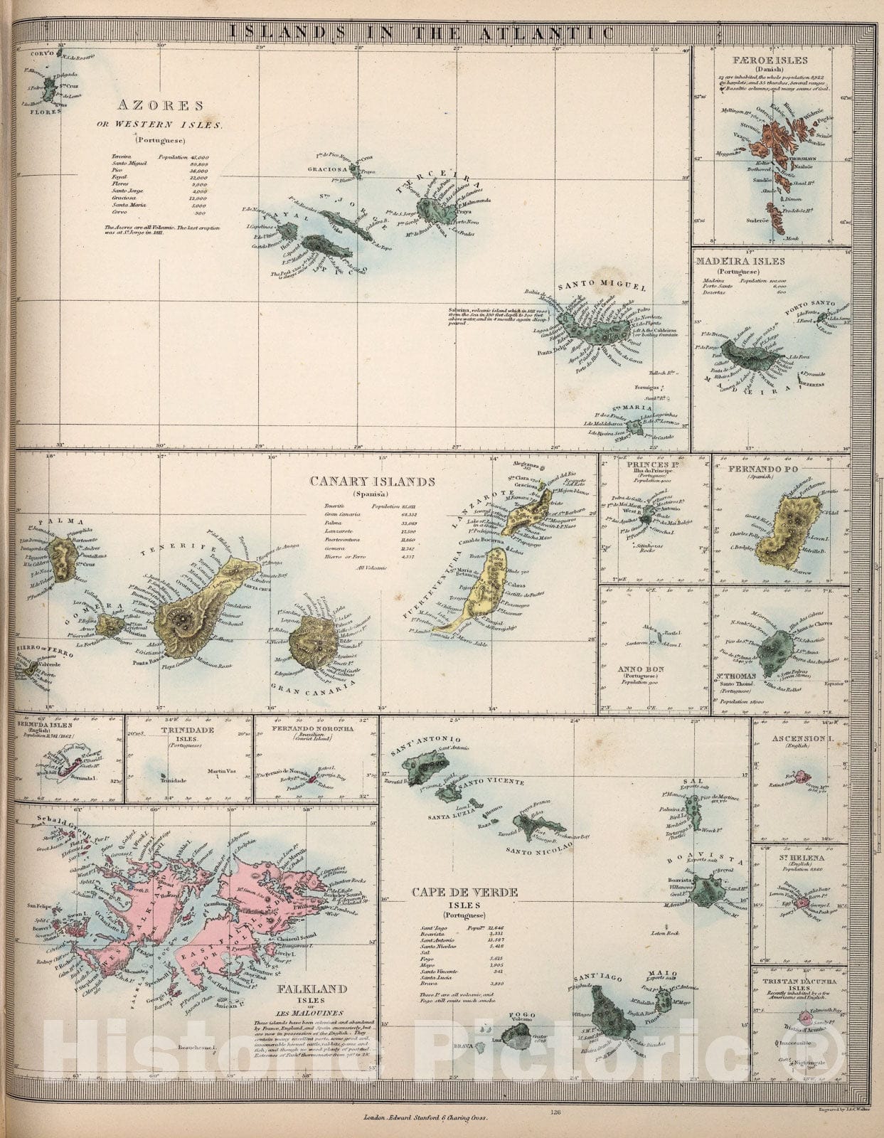 Historic Map : Islands in the Atlantic., 1865, Vintage Wall Art