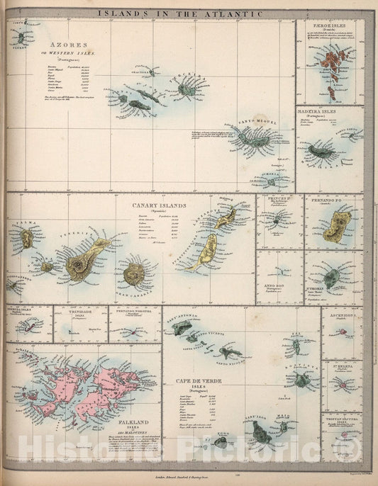 Historic Map : Islands in the Atlantic., 1865, Vintage Wall Art