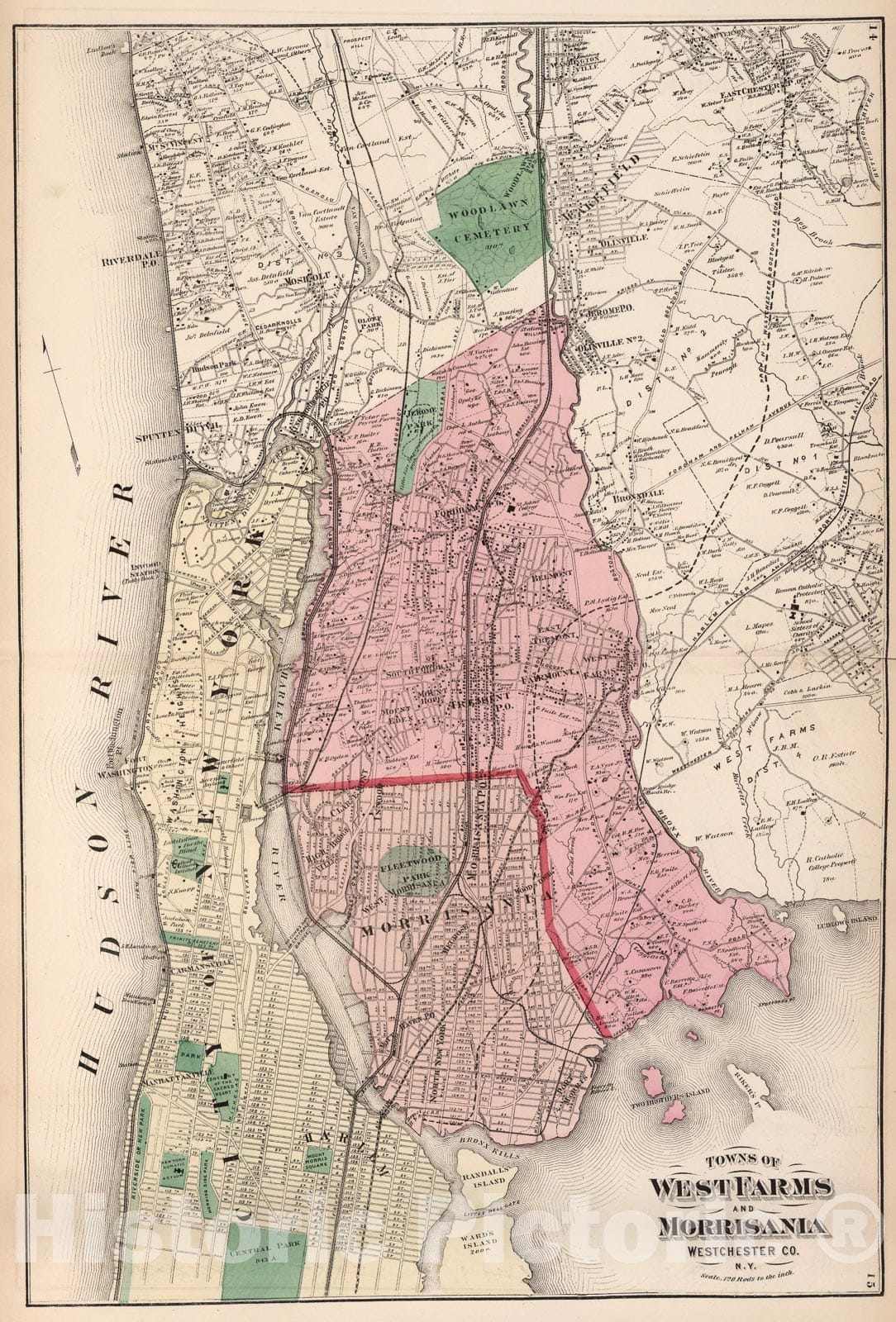 Historic Map : Towns of West Farms and Morrisania, Westchester County, New York., 1872, Vintage Wall Art