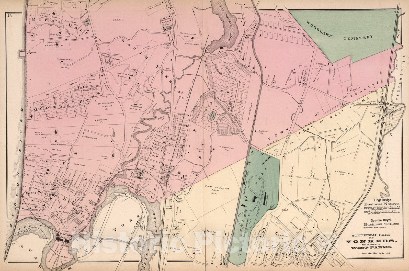 Historic Map : Southern Part of Yonkers, and Portion of West Farms, Westchester County., 1872, Vintage Wall Art