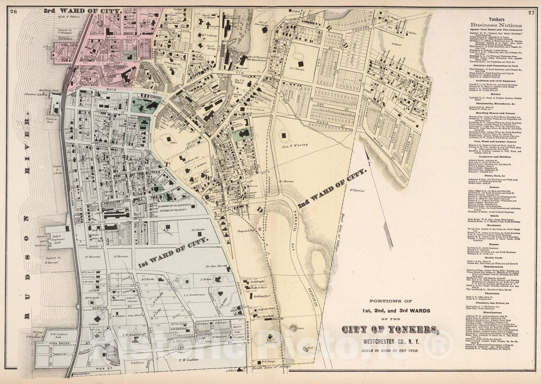 Historic Map : Portions of 1st, 2nd, 3rd Wards of the City of Yonkers, Westchester Co., N.Y., 1872, Vintage Wall Art
