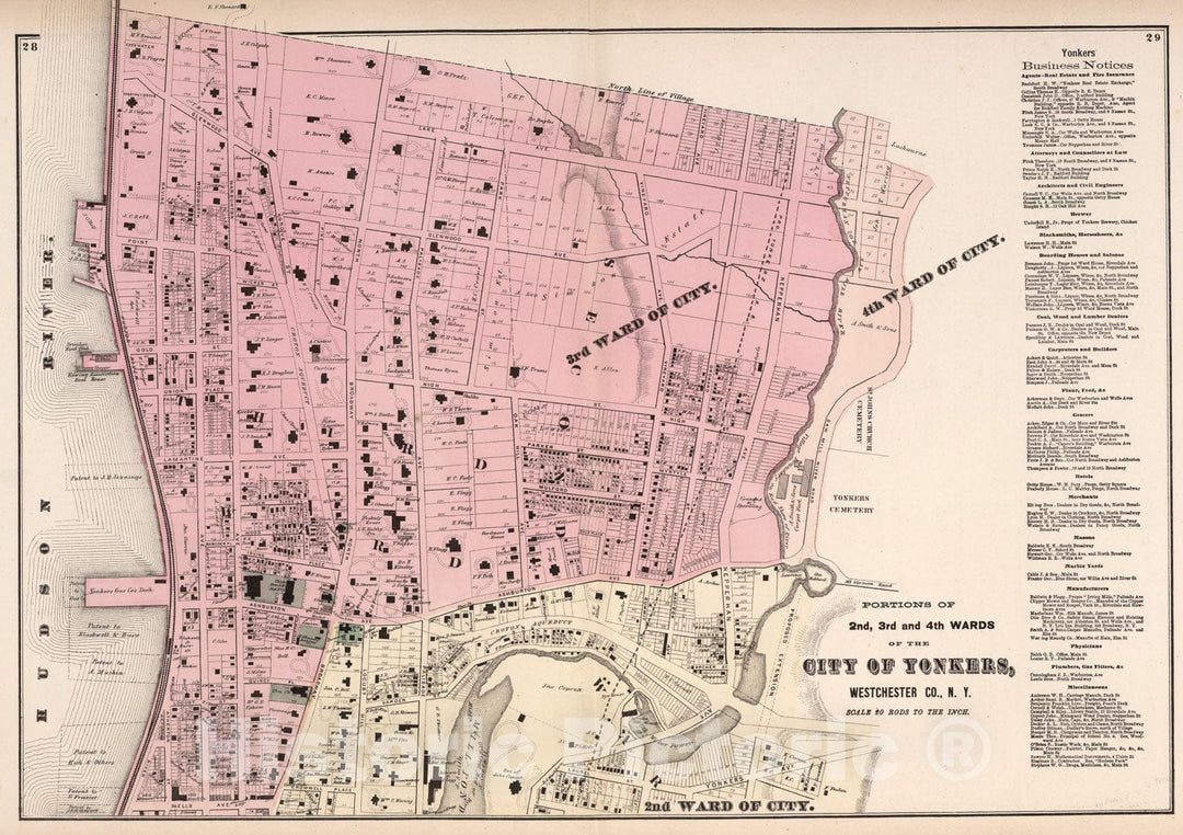 Historic Map : Portions of 2nd, 3rd and 4th Wards of the City of Yonkers, Westchester Co., N.Y., 1872, Vintage Wall Art