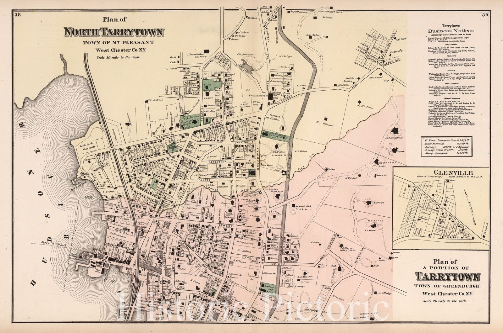 Historic Map : North Tarrytown and Tarrytown, Westchester County, New York. (inset) Glenville., 1872, Vintage Wall Art