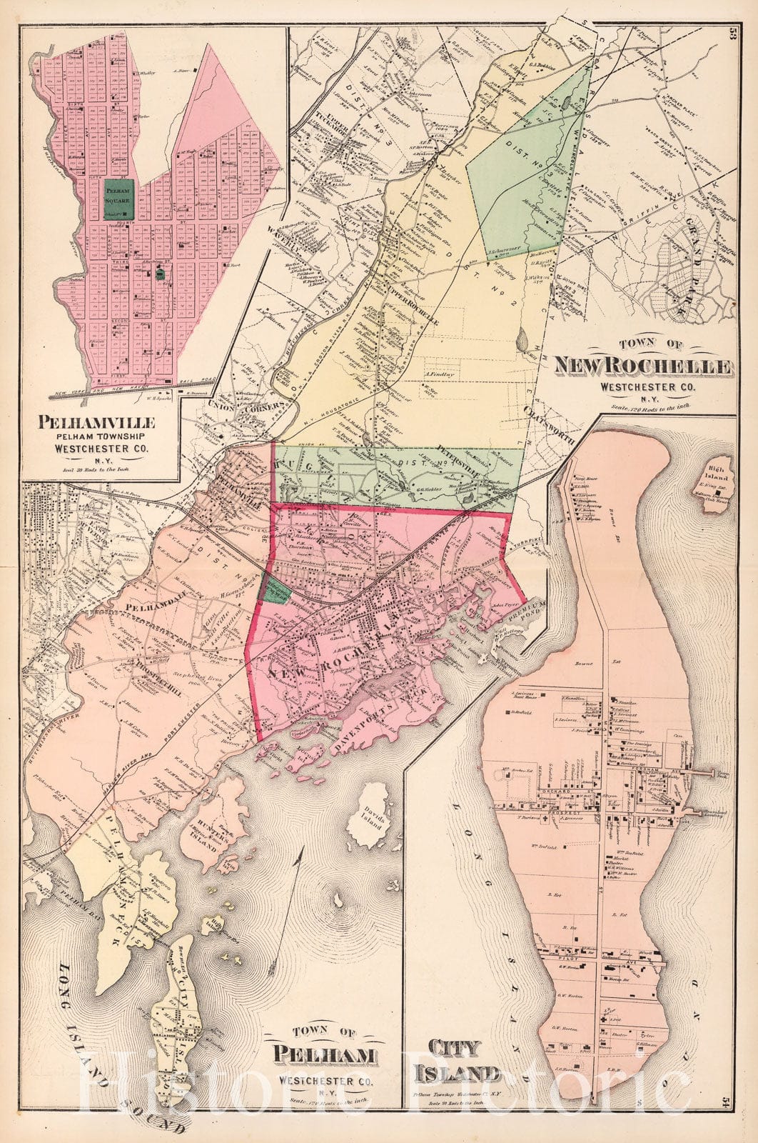 Historic Map : Town of New Rochelle,and Pelham, Westchester County, New York. (insets) Pelhamville. City Island., 1872, Vintage Wall Art