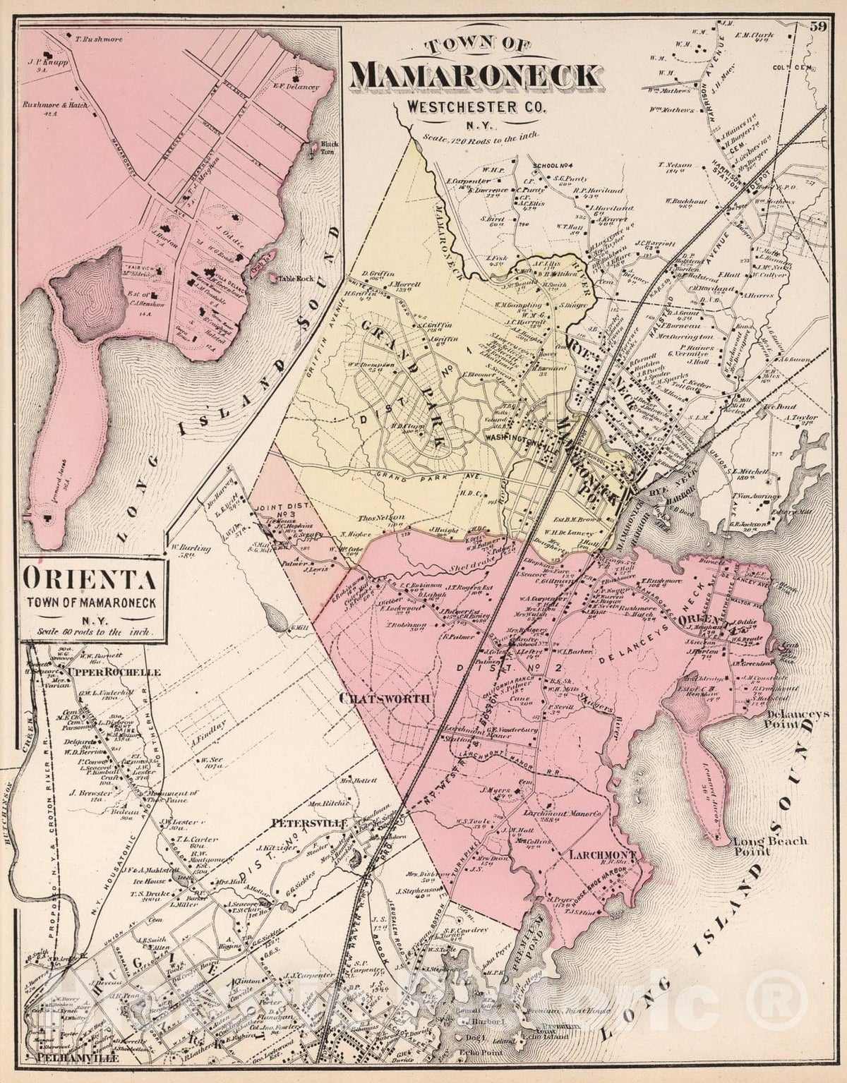 Historic Map : Town of Mamaroneck, Westchester County, New York. (inset) Orienta., 1872, Vintage Wall Art