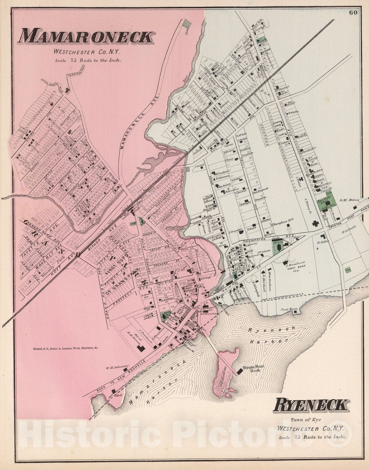 Historic Map : Marmaroneck and Ryeneck, New York., 1872, Vintage Wall Art