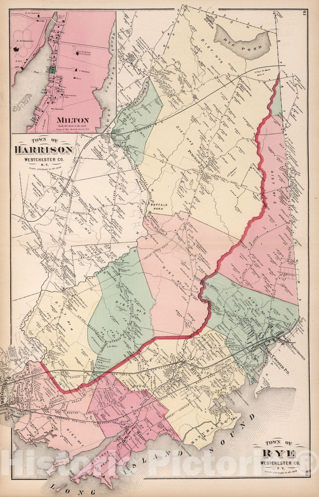 Historic Map : Towns of Harrison and Rye, Westchester County, New York. (inset) Milton., 1872, Vintage Wall Art