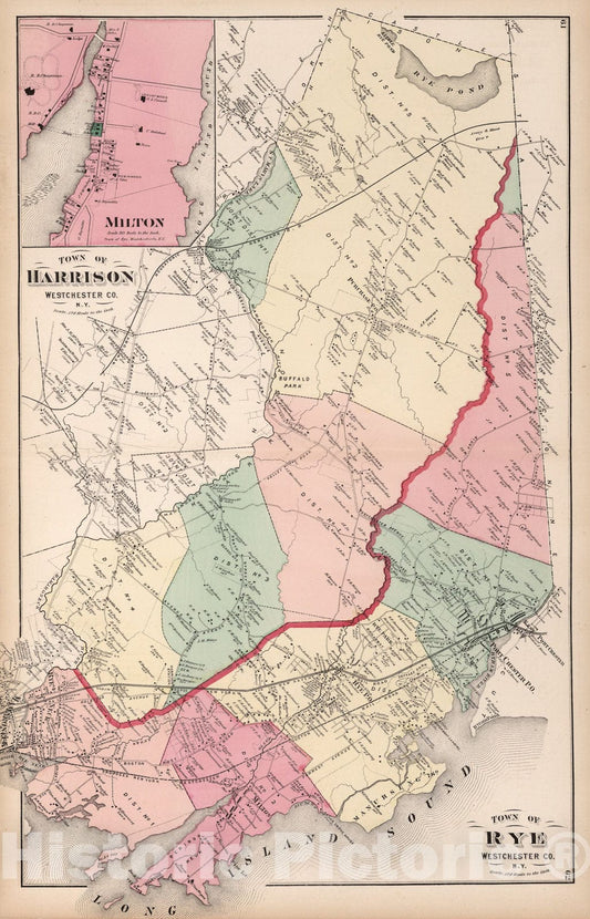 Historic Map : Towns of Harrison and Rye, Westchester County, New York. (inset) Milton., 1872, Vintage Wall Art