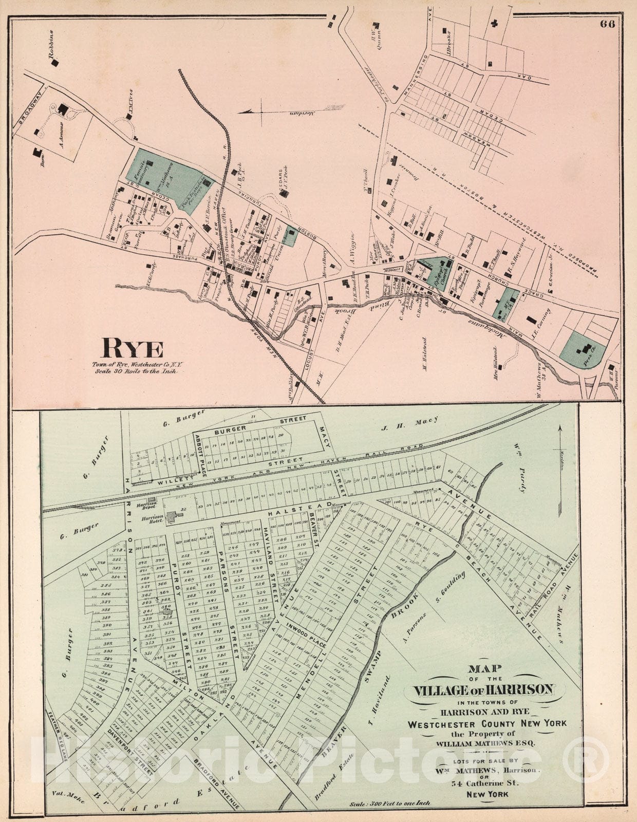 Historic Map : Rye, New York. Village of Harrison, New York., 1872, Vintage Wall Art