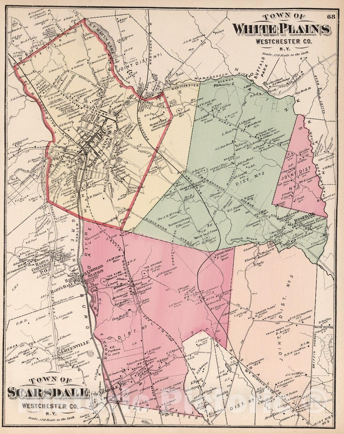 Historic Map : Towns of White Plains and Scarsdale, Westchester County, New York., 1872, Vintage Wall Art