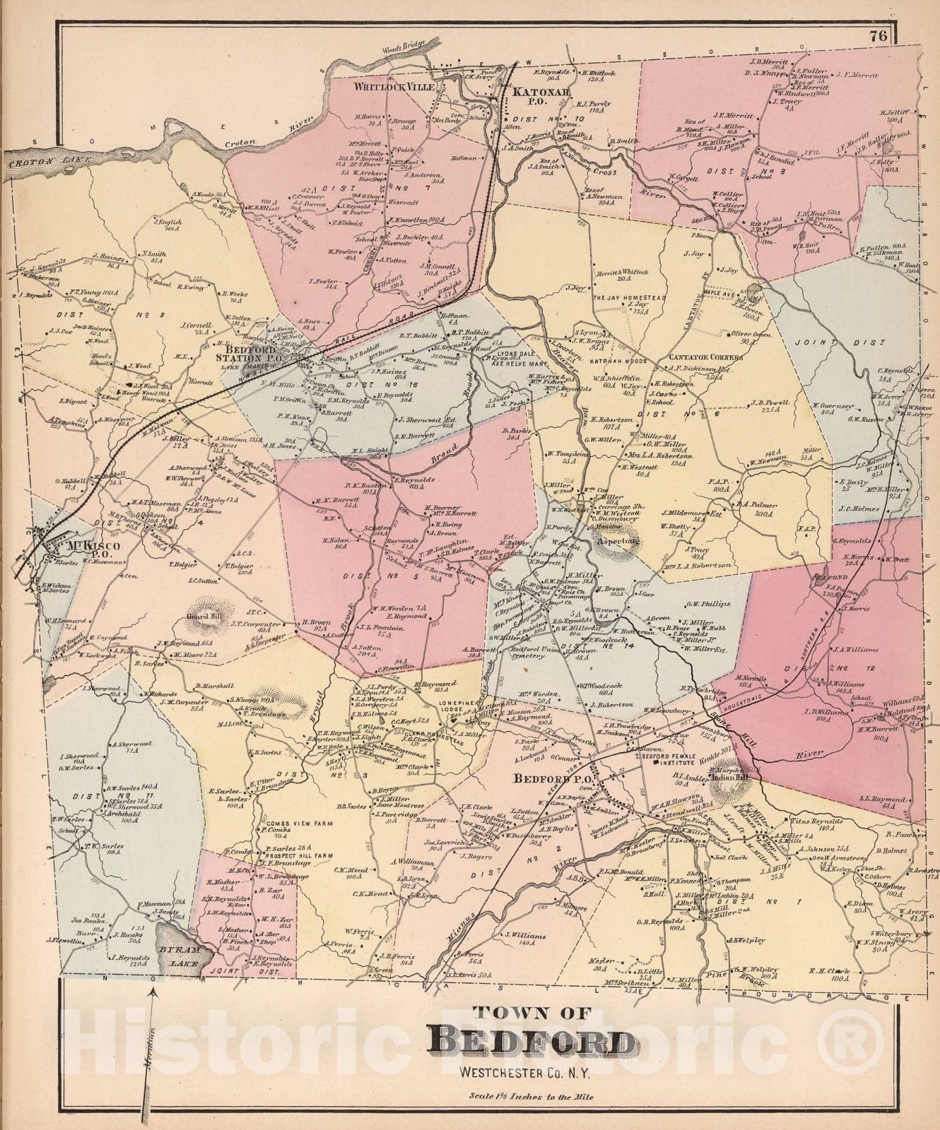 Historic Map : Town of Bedford, Westchester County, New York., 1872, Vintage Wall Art