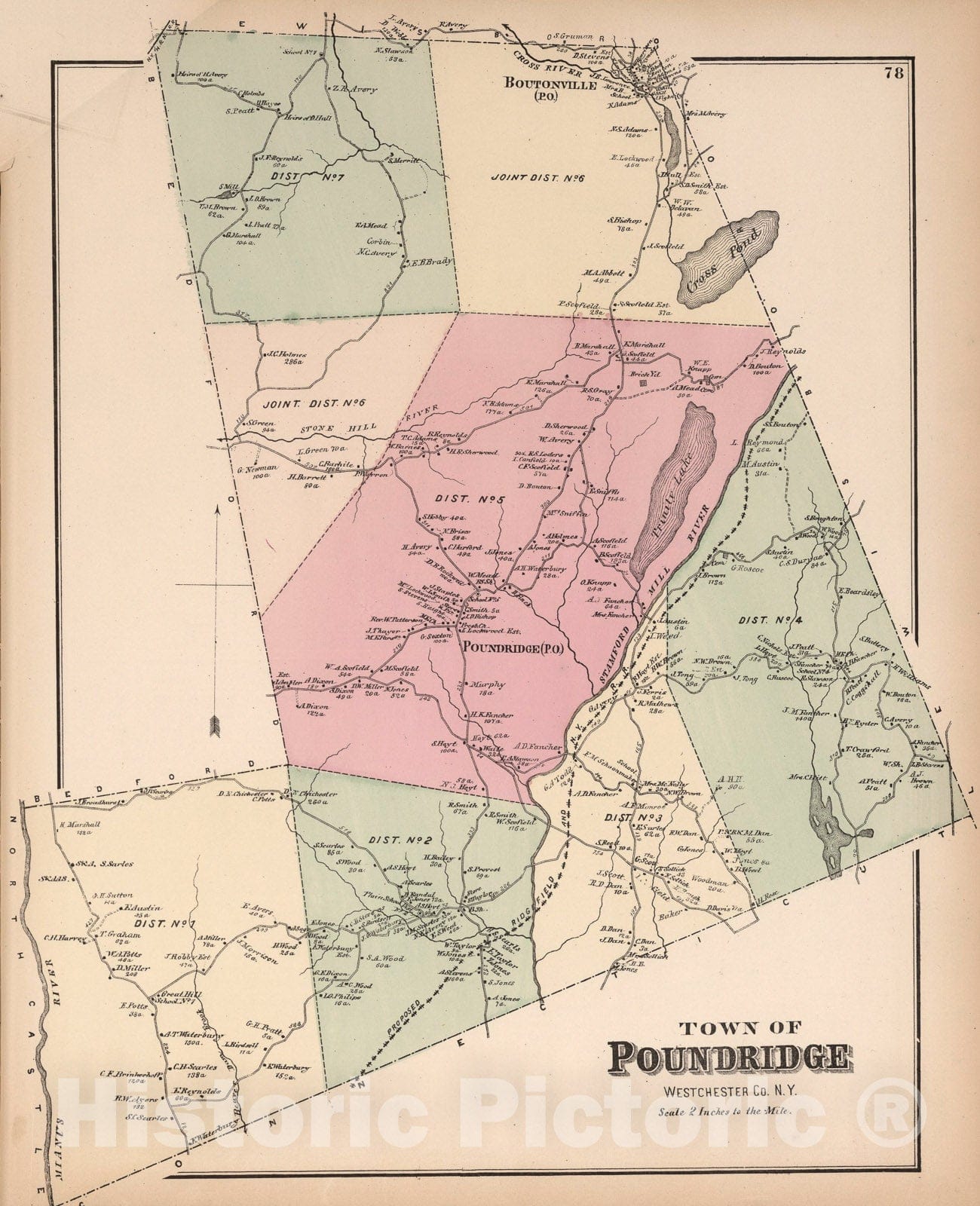 Historic Map : Town of Poundridge, Westchester County, New York., 1872, Vintage Wall Art