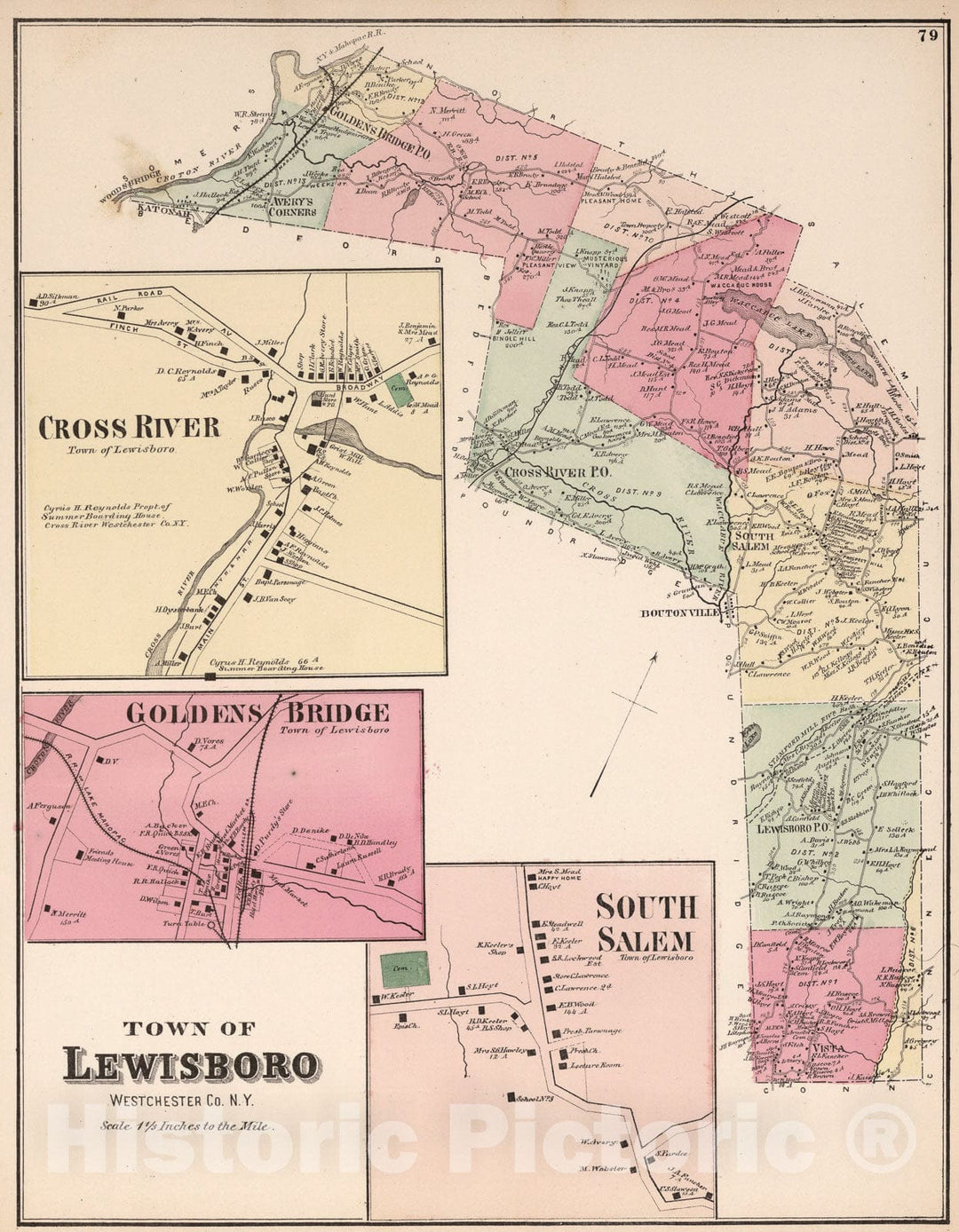 Historic Map : Town of Lewisboro, Westchester County, New York. (insets) Goldens Bridge. Cross River. South Salem., 1872, Vintage Wall Art