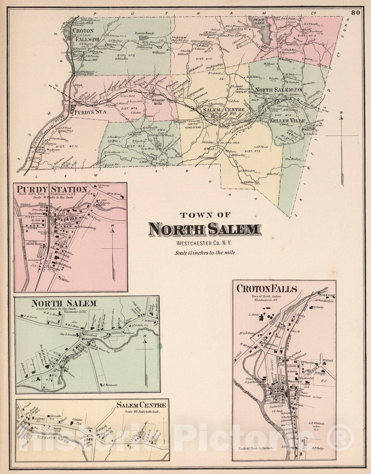 Historic Map : Town of North Salem, Westchester County, New York. (insets) Croton Falls. North Salem. Purdy Station., 1872, Vintage Wall Art