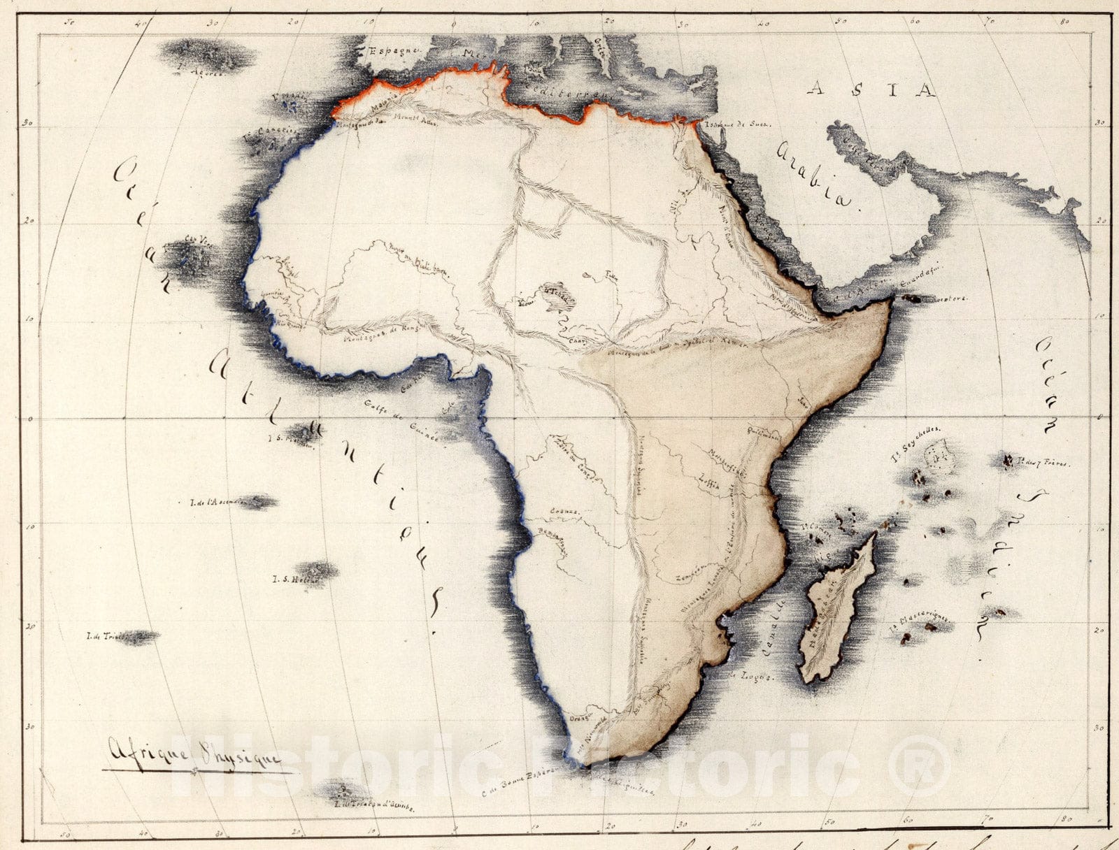 Historic Map : Afrique physique, 1844, Vintage Wall Art