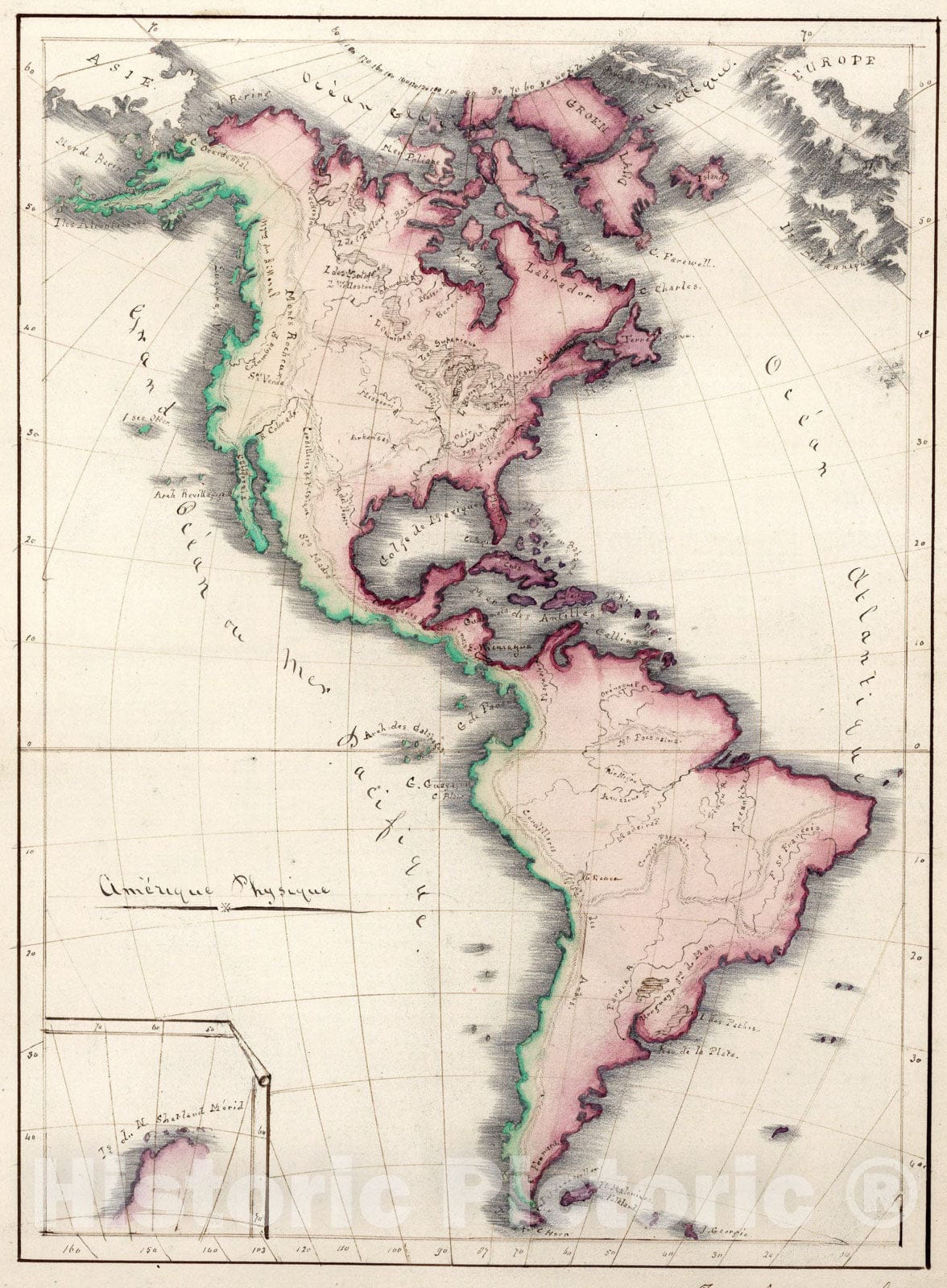 Historic Map : Amerique Physique, 1844, Vintage Wall Art
