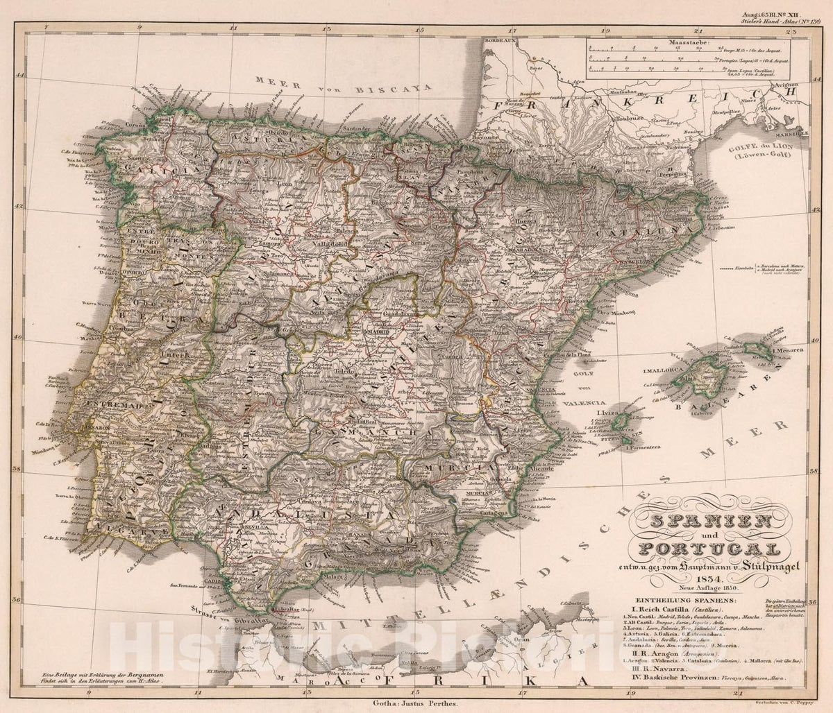 Historic Map : Spanien und Portugal. (Spain and Portugal)., 1850, Vintage Wall Art