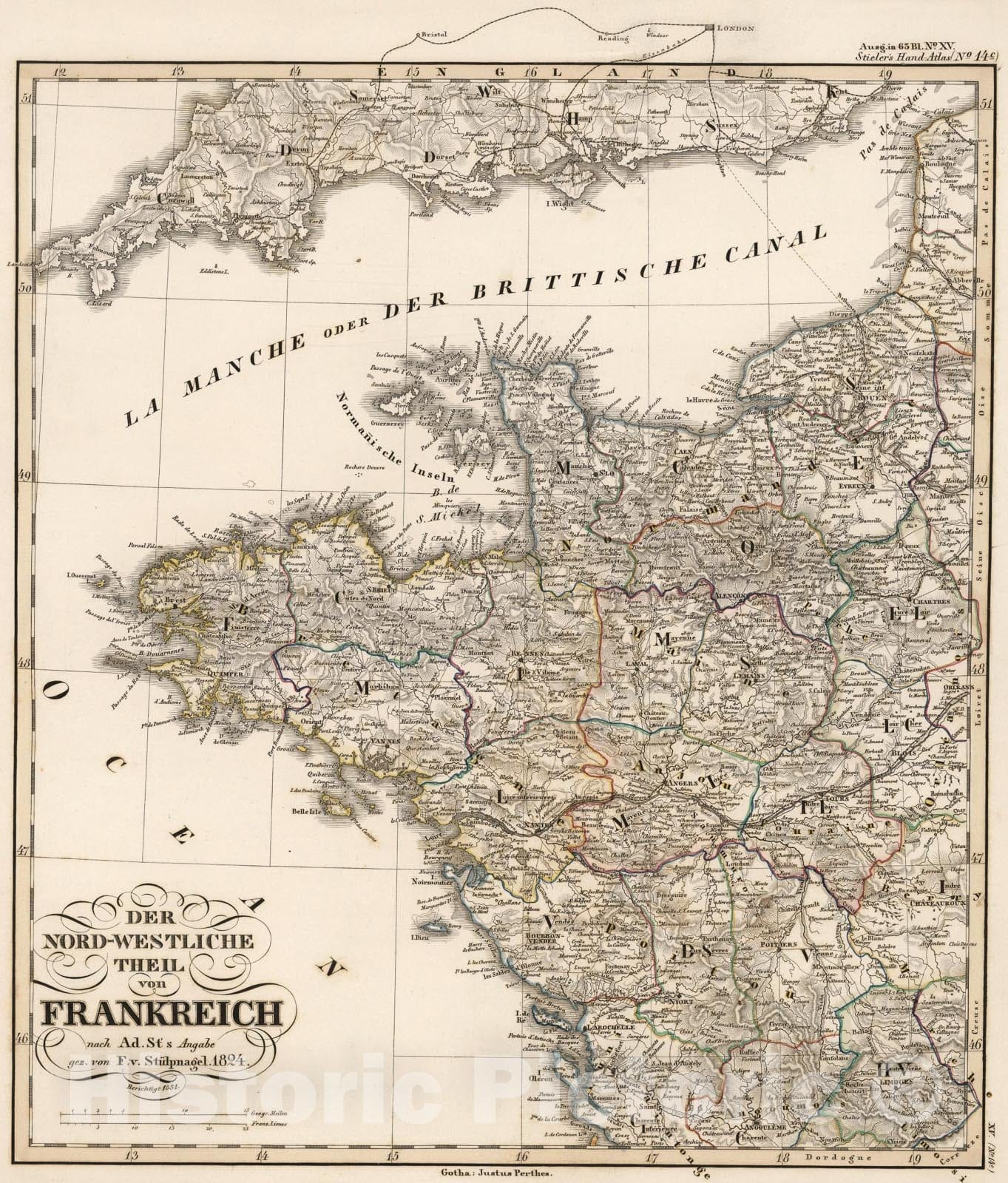 Historic Map : Der Nord-Westliche Theil von Frankreich. (Northwestern France)., 1851, Vintage Wall Art