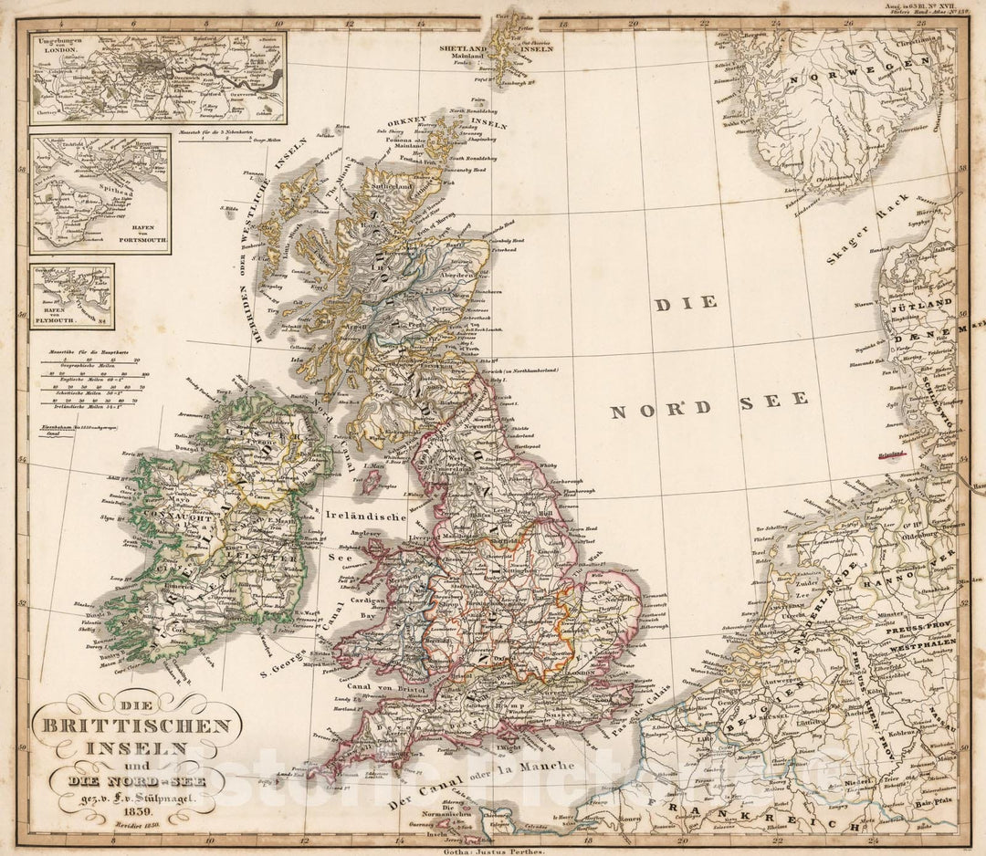 Historic Map : Die Brittischen Inseln und Die Nord-See. (British Isles and North Sea)., 1850, Vintage Wall Art