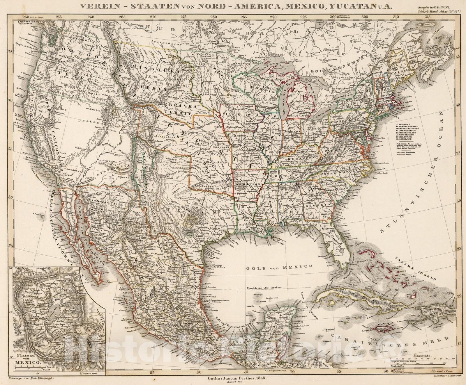 Historic Map : Verein - Staaten von Nord -- Amerika, Mexico, Yucatan u.A., 1851, Vintage Wall Art