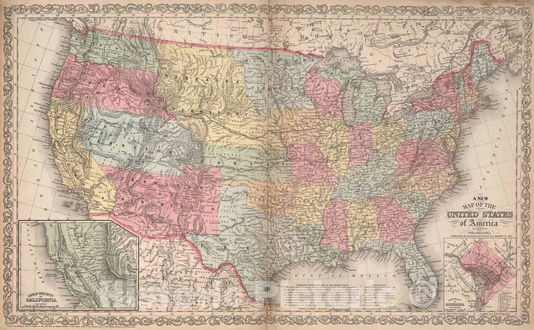 Historic Map : A New Map of the United States of America, 1857, Vintage Wall Art