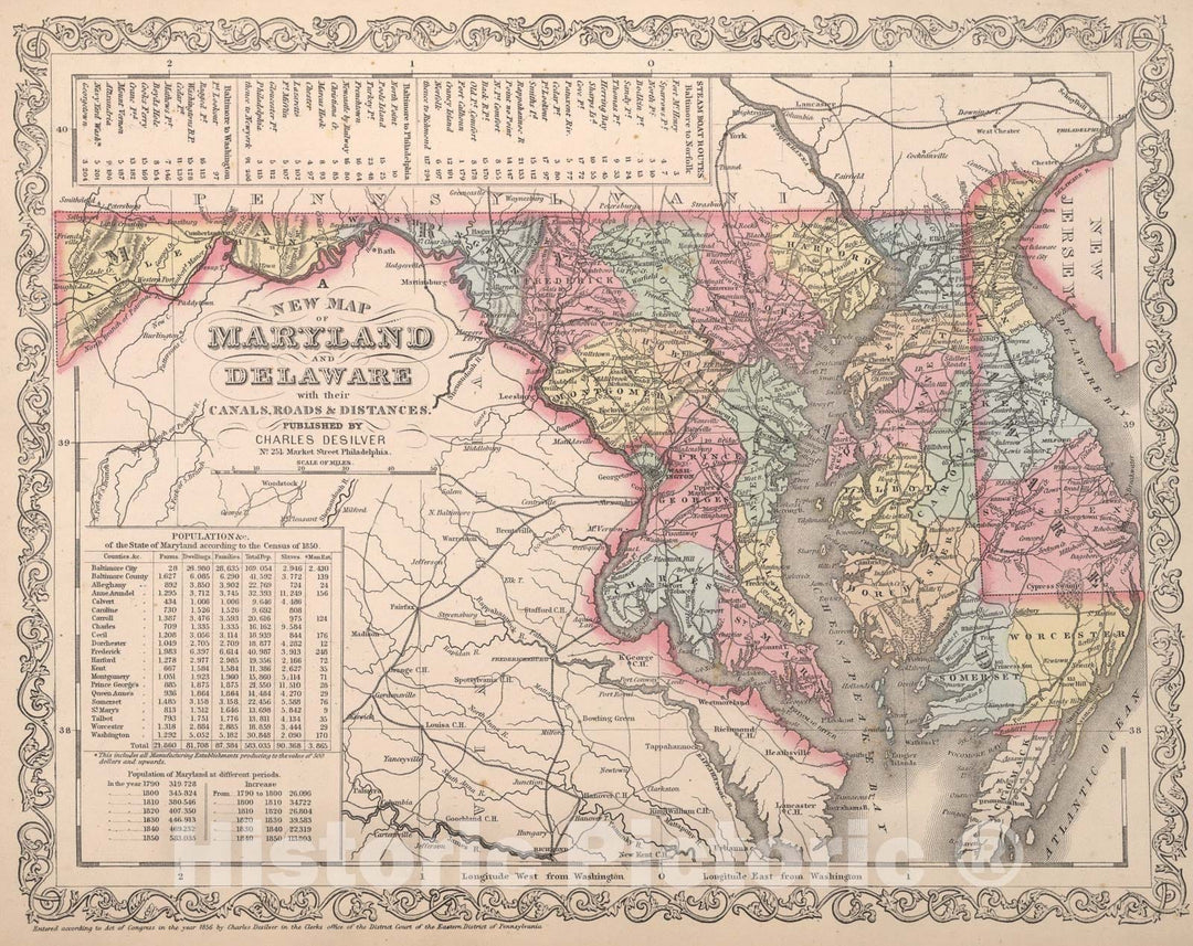 Historic Map : A New Map of Maryland and Delaware, 1857, Vintage Wall Art