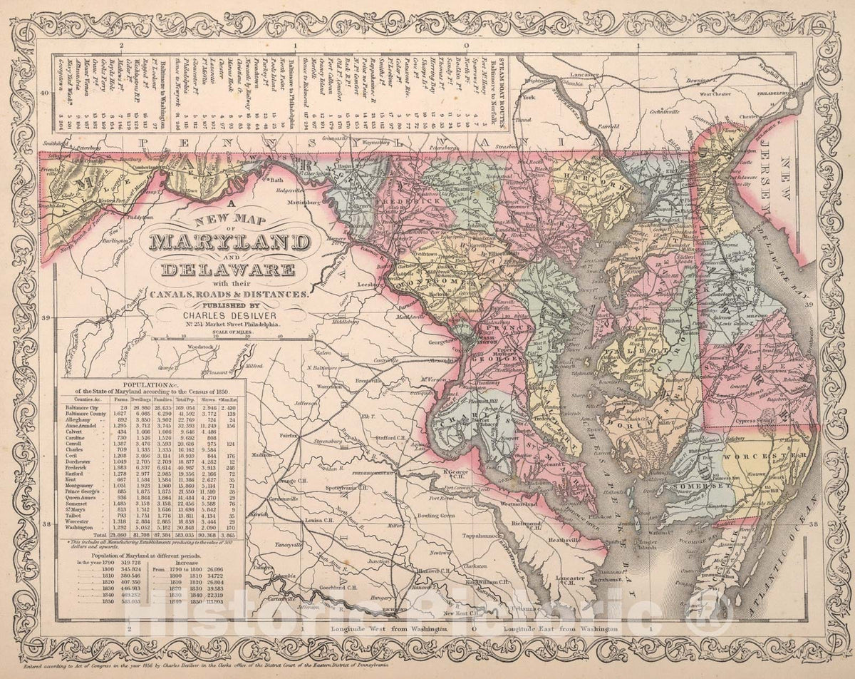 Historic Map : A New Map of Maryland and Delaware, 1857, Vintage Wall Art