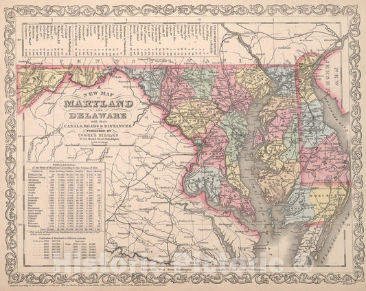 Historic Map : A New Map of Maryland and Delaware, 1857, Vintage Wall Art