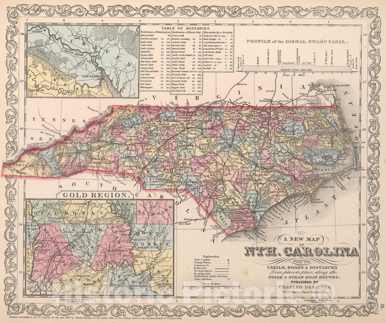 Historic Map : A New Map of North Carolina, 1857, Vintage Wall Art