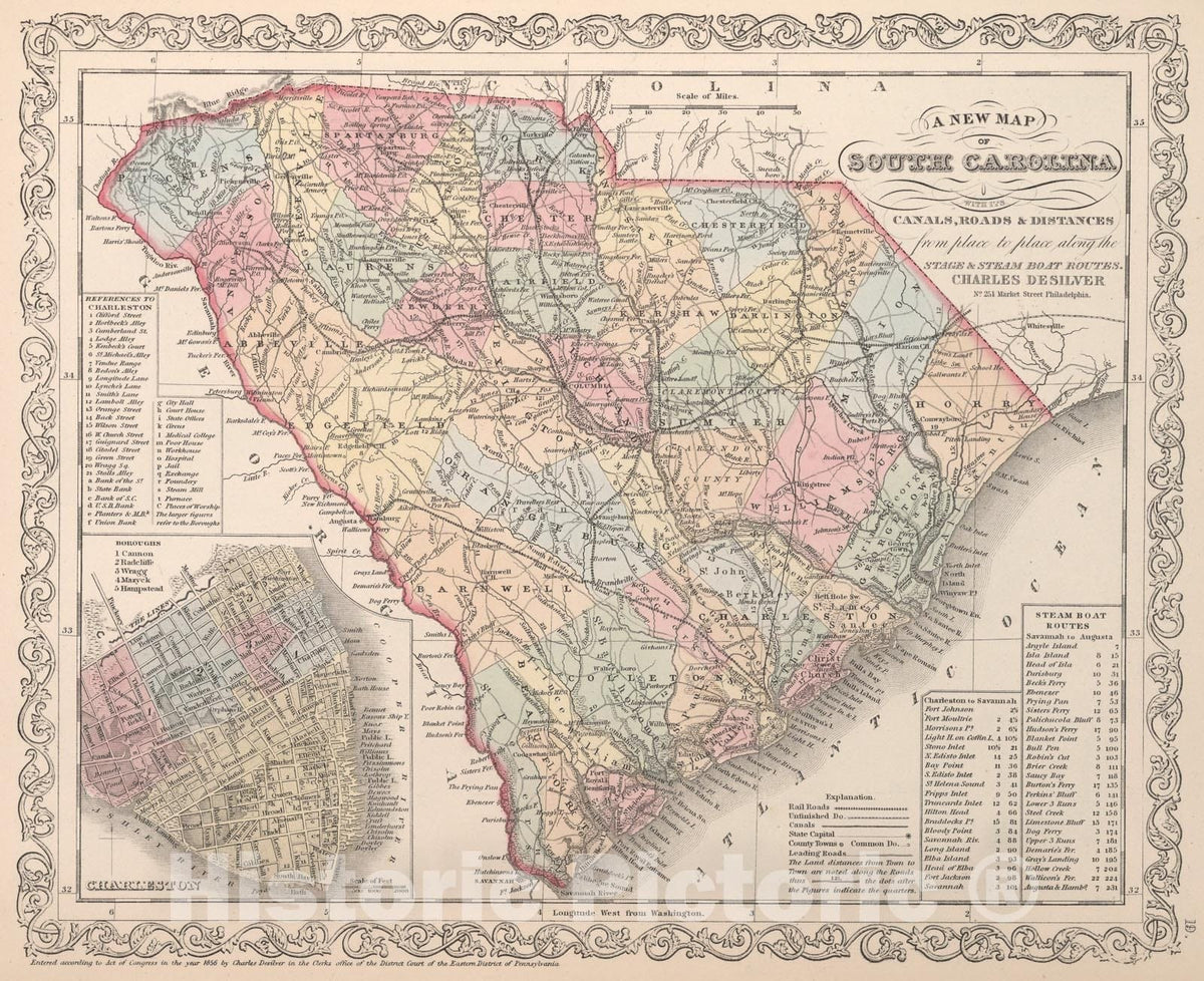 Historic Map : A New Map of South Carolina, 1857, Vintage Wall Art