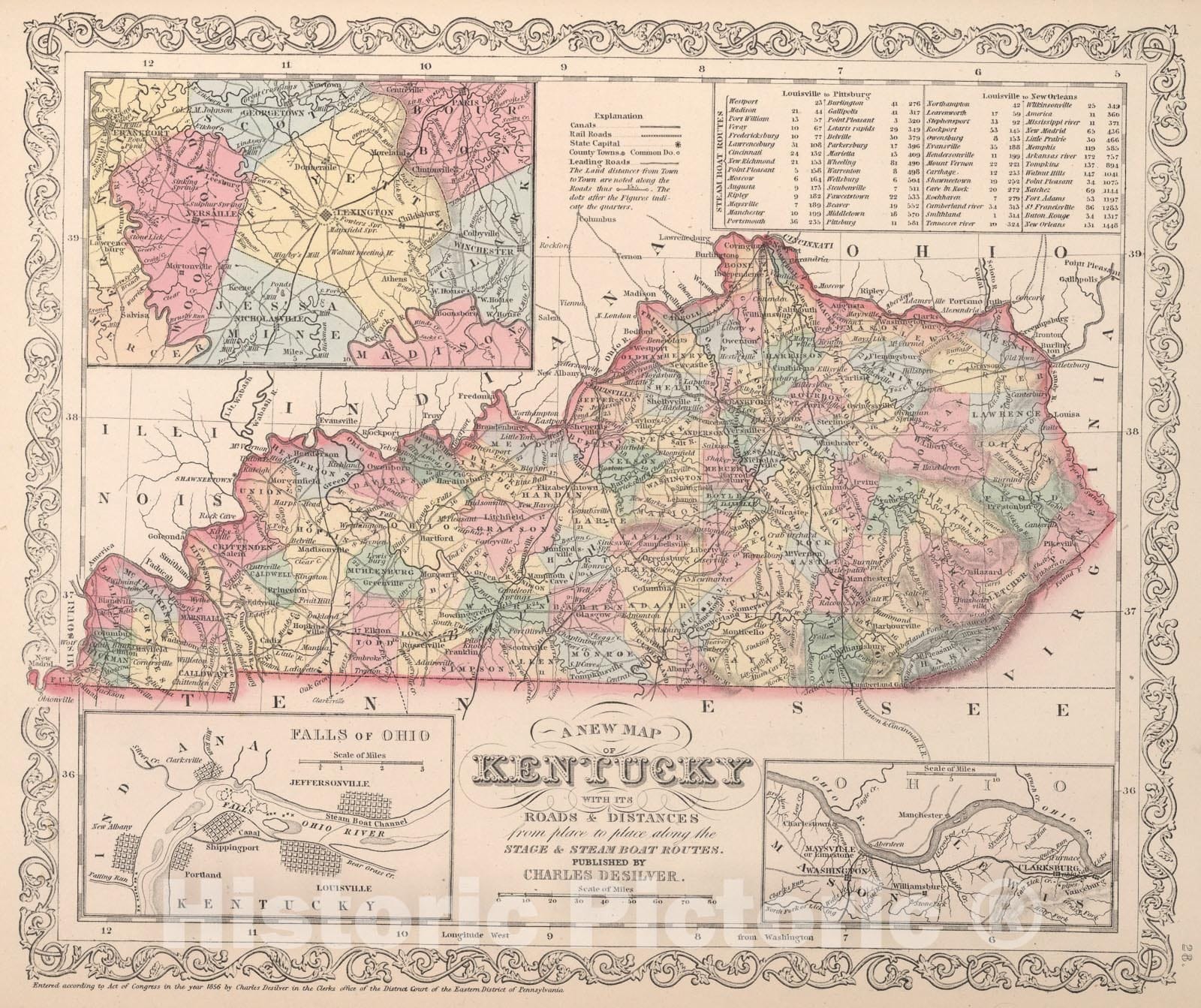 Historic Map : A New Map of Kentucky, 1857, Vintage Wall Art