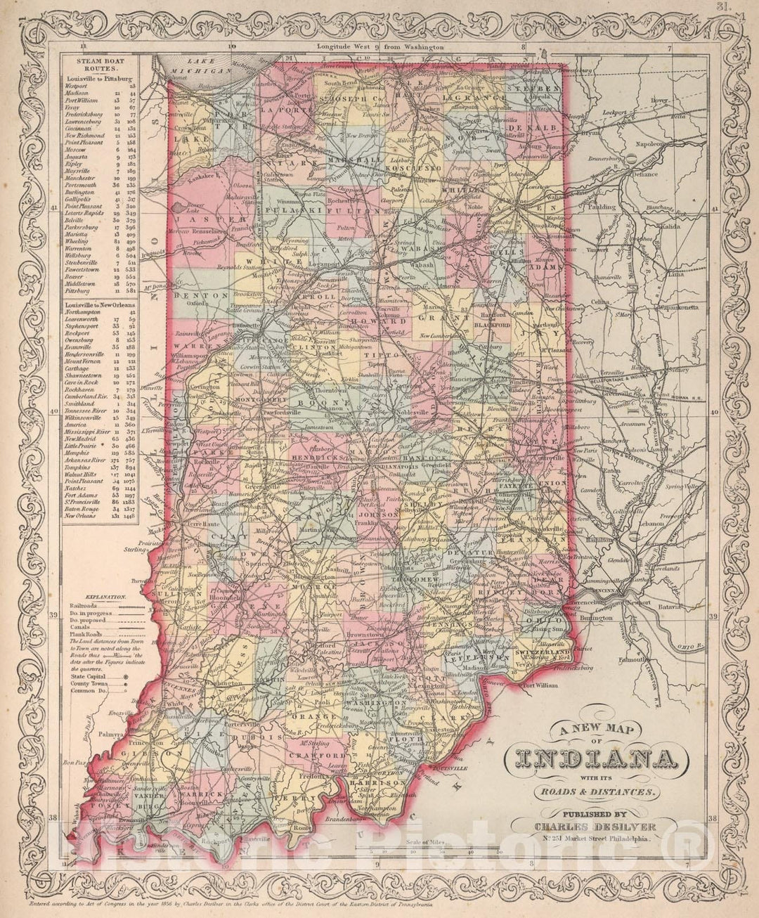 Historic Map : A New Map of Indiana, 1857, Vintage Wall Art