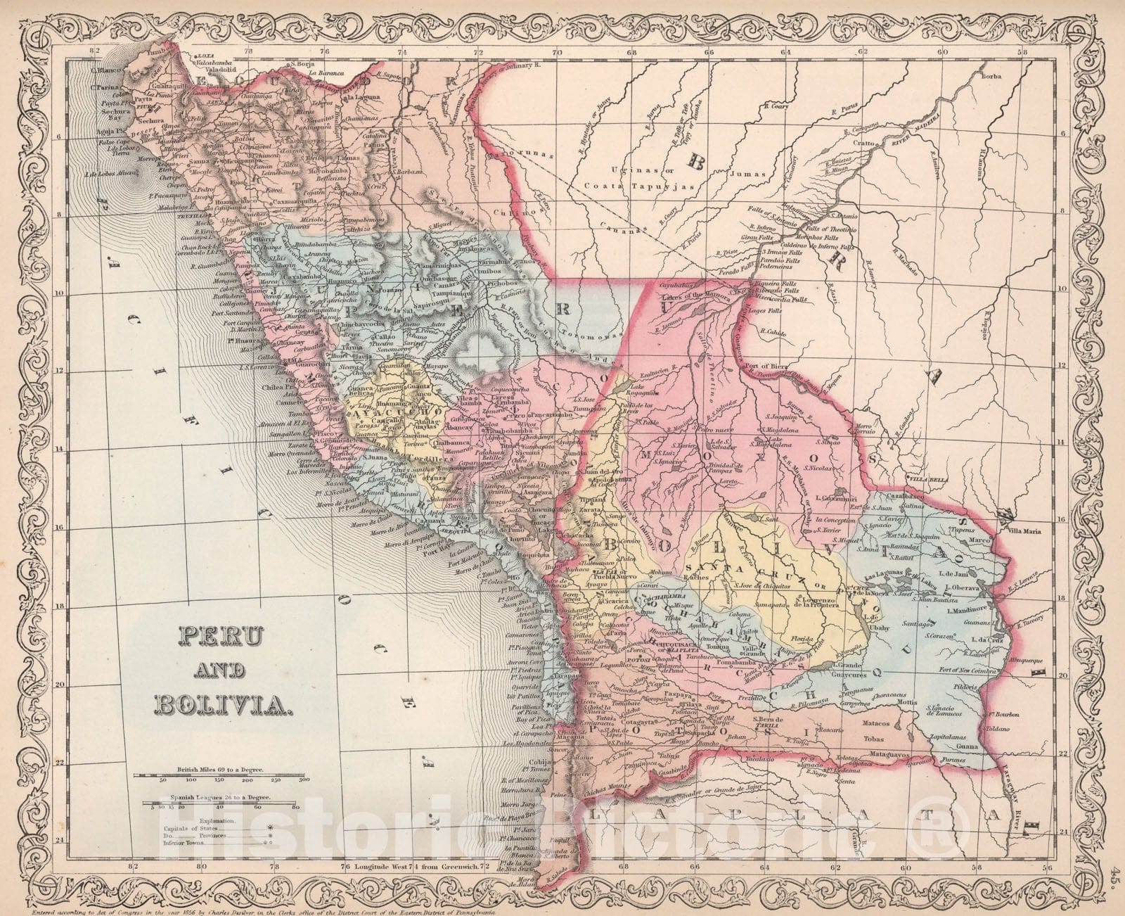 Historic Map : Peru and Bolivia, 1857, Vintage Wall Art