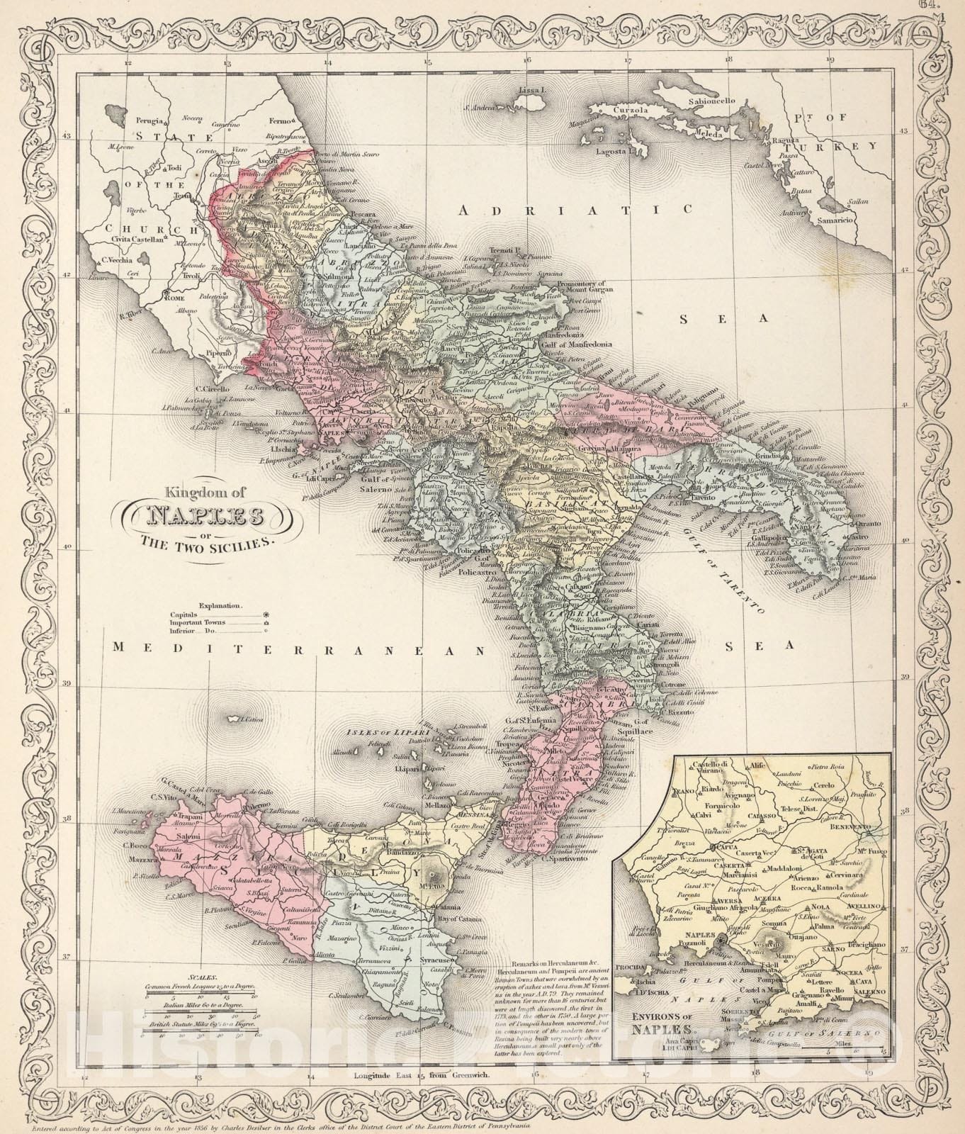 Historic Map : Kingdom of Naples of the two Sicilies, 1857, Vintage Wall Art