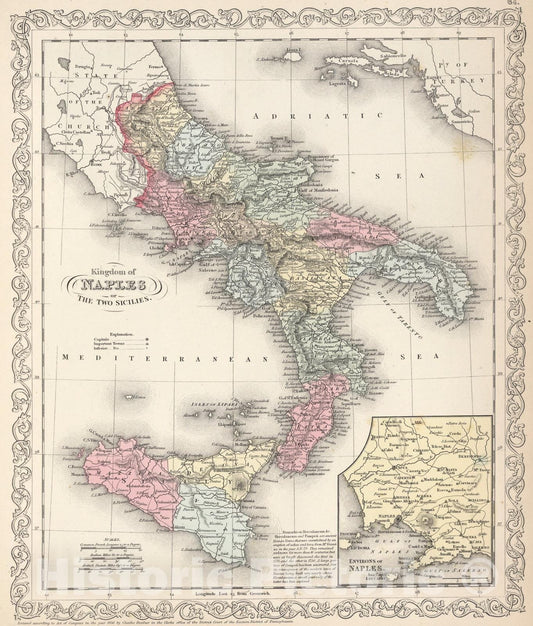 Historic Map : Kingdom of Naples of the two Sicilies, 1857, Vintage Wall Art