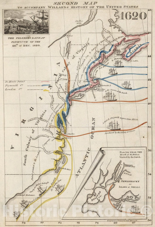 Historic Map : Second Map 1620, 1829, Vintage Wall Art