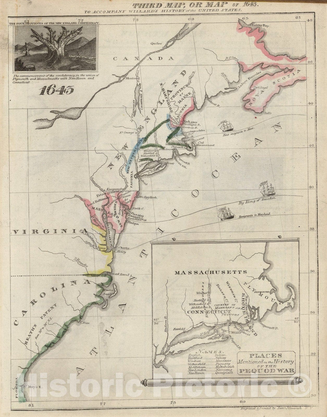 Historic Map : Third Map or Map Of 1643, 1829, Vintage Wall Art