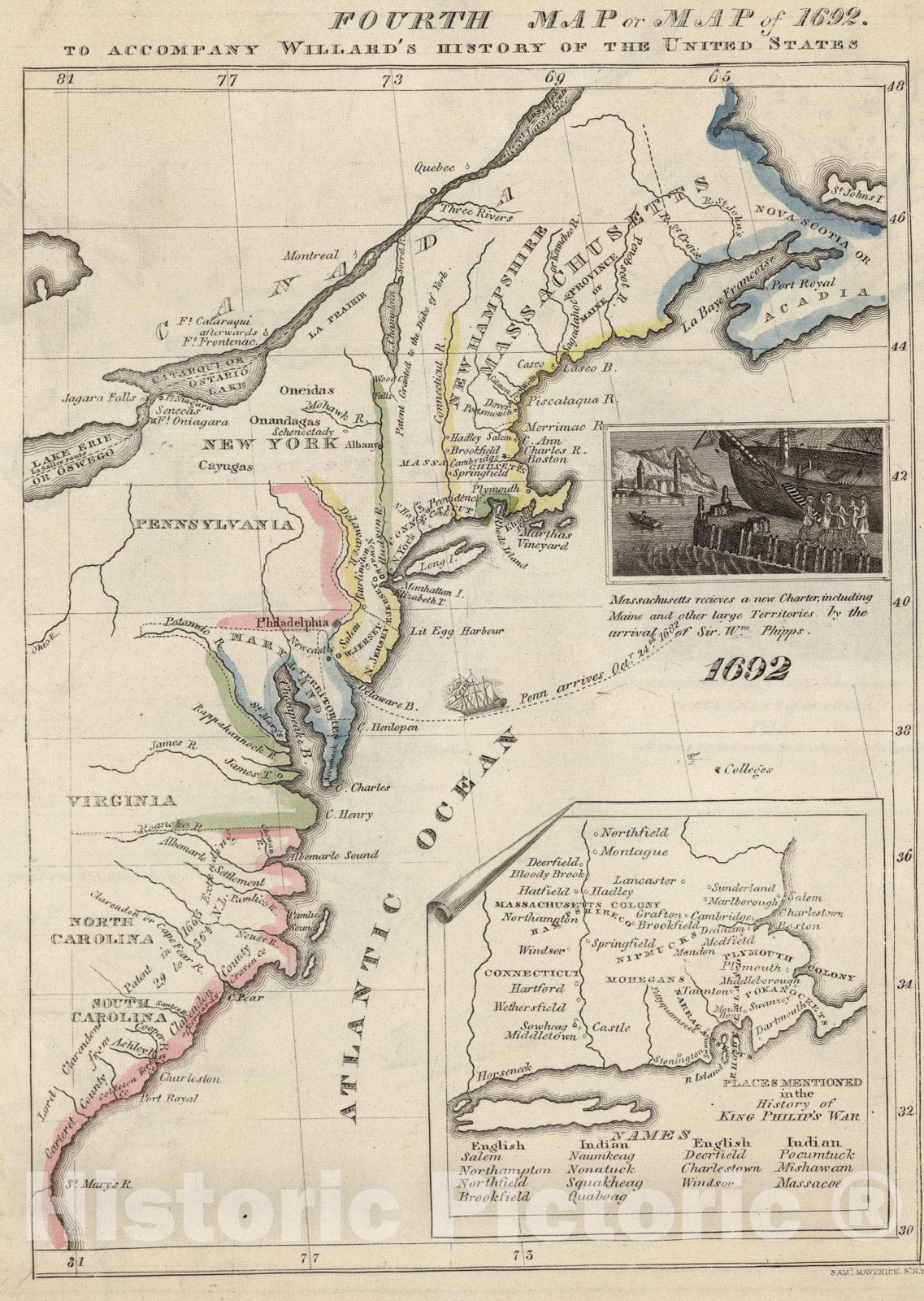 Historic Map : Fourth Map or Map Of 1692, 1829, Vintage Wall Art