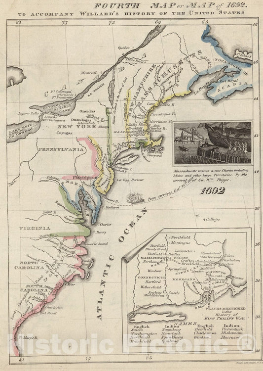 Historic Map : Fourth Map or Map Of 1692, 1829, Vintage Wall Art