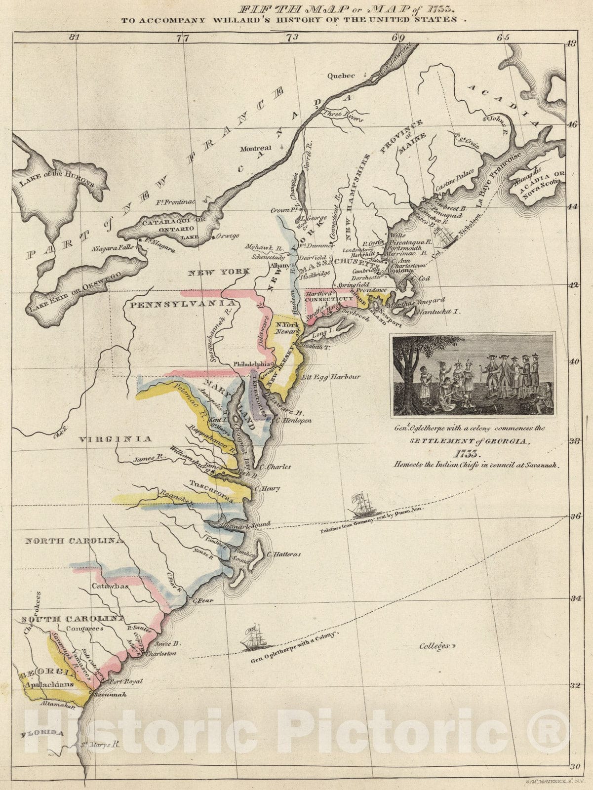 United States 1733 Map Print - Willard's History Atlas 1829