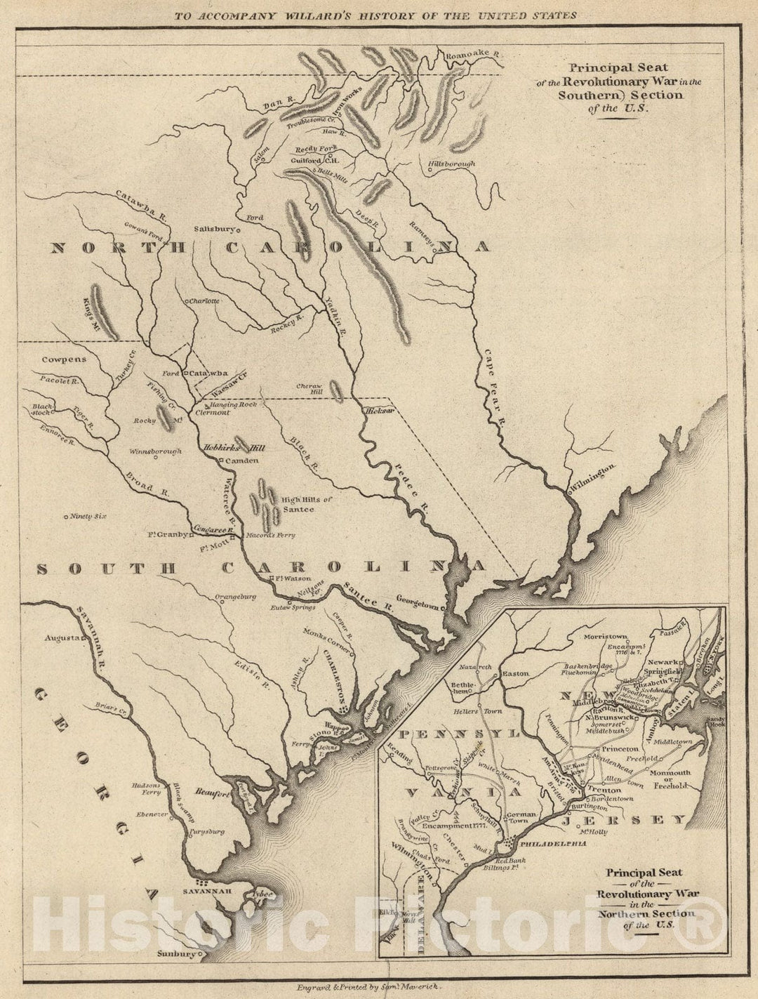 Historic Map : Principal Seat of the Revolutionary War in the Southern Section of the U.S., 1829, Vintage Wall Art